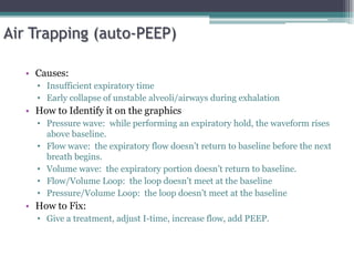 Air Trapping (auto-PEEP)
• Causes:
• Insufficient expiratory time
• Early collapse of unstable alveoli/airways during exhalation
• How to Identify it on the graphics
• Pressure wave: while performing an expiratory hold, the waveform rises
above baseline.
• Flow wave: the expiratory flow doesn’t return to baseline before the next
breath begins.
• Volume wave: the expiratory portion doesn’t return to baseline.
• Flow/Volume Loop: the loop doesn’t meet at the baseline
• Pressure/Volume Loop: the loop doesn’t meet at the baseline
• How to Fix:
• Give a treatment, adjust I-time, increase flow, add PEEP.
 