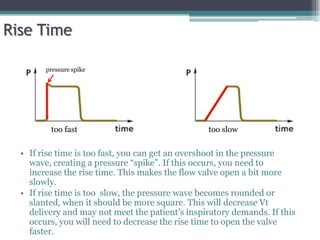 Rise Time
• If rise time is too fast, you can get an overshoot in the pressure
wave, creating a pressure “spike”. If this occurs, you need to
increase the rise time. This makes the flow valve open a bit more
slowly.
• If rise time is too slow, the pressure wave becomes rounded or
slanted, when it should be more square. This will decrease Vt
delivery and may not meet the patient’s inspiratory demands. If this
occurs, you will need to decrease the rise time to open the valve
faster.
too slow
too fast
pressure spike
 