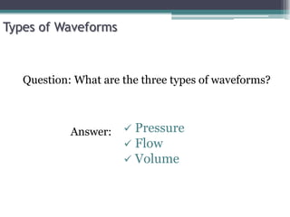 Question: What are the three types of waveforms?
Types of Waveforms
 Pressure
 Flow
 Volume
Answer:
 