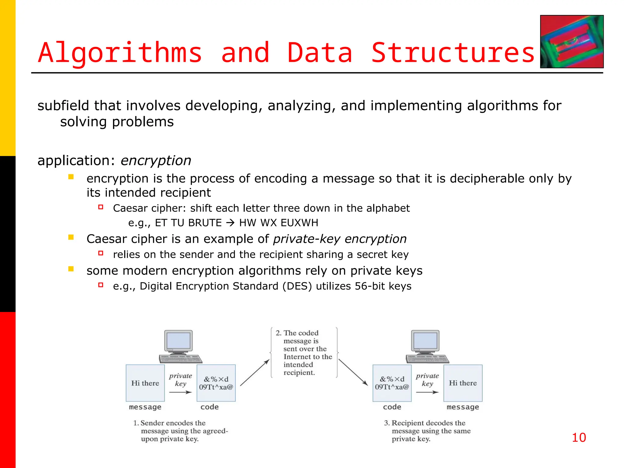 10
Algorithms and Data Structures
subfield that involves developing, analyzing, and implementing algorithms for
solving problems
application: encryption
 encryption is the process of encoding a message so that it is decipherable only by
its intended recipient
 Caesar cipher: shift each letter three down in the alphabet
e.g., ET TU BRUTE  HW WX EUXWH
 Caesar cipher is an example of private-key encryption
 relies on the sender and the recipient sharing a secret key
 some modern encryption algorithms rely on private keys
 e.g., Digital Encryption Standard (DES) utilizes 56-bit keys
 