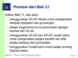 slide 39BAB 10 Permintaan Agregat Saya
Preview dari Bab 11
Dalam Bab 11, kita akan
 menggunakan IS-LM Model untuk menganalisis
dampak kebijakan dan guncangan.
 belajar bagaimana kurva permintaan agregat
berasal dari IS-LM.
 menggunakan IS-LM dan AD-AS model sama
untuk menganalisis jangka pendek dan efek
jangka panjang dari guncangan.
 menggunakan model kami untuk belajar tentang
Depresi besar.
 