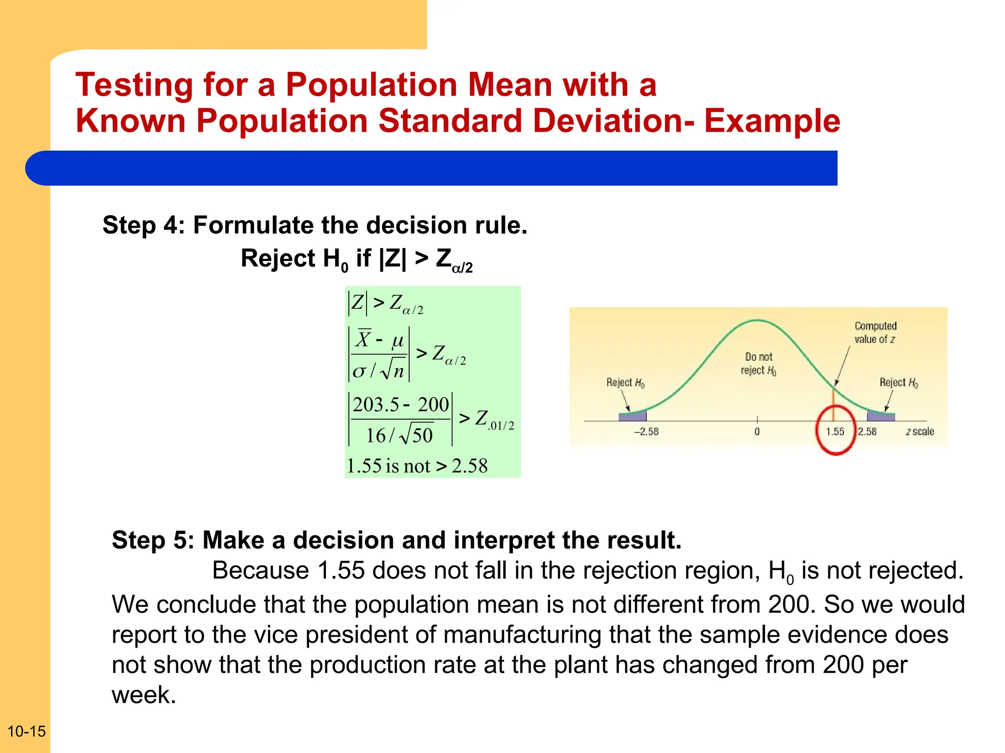 10-15
Testing for a Population Mean with a
Known Population Standard Deviation- Example
Step 4: Formulate the decision rule.
Reject H0 if |Z| > Z/2
58
.
2
not
is
55
.
1
50
/
16
200
5
.
203
/
2
/
01
.
2
/
2
/






Z
Z
n
X
Z
Z




Step 5: Make a decision and interpret the result.
Because 1.55 does not fall in the rejection region, H0 is not rejected.
We conclude that the population mean is not different from 200. So we would
report to the vice president of manufacturing that the sample evidence does
not show that the production rate at the plant has changed from 200 per
week.
 