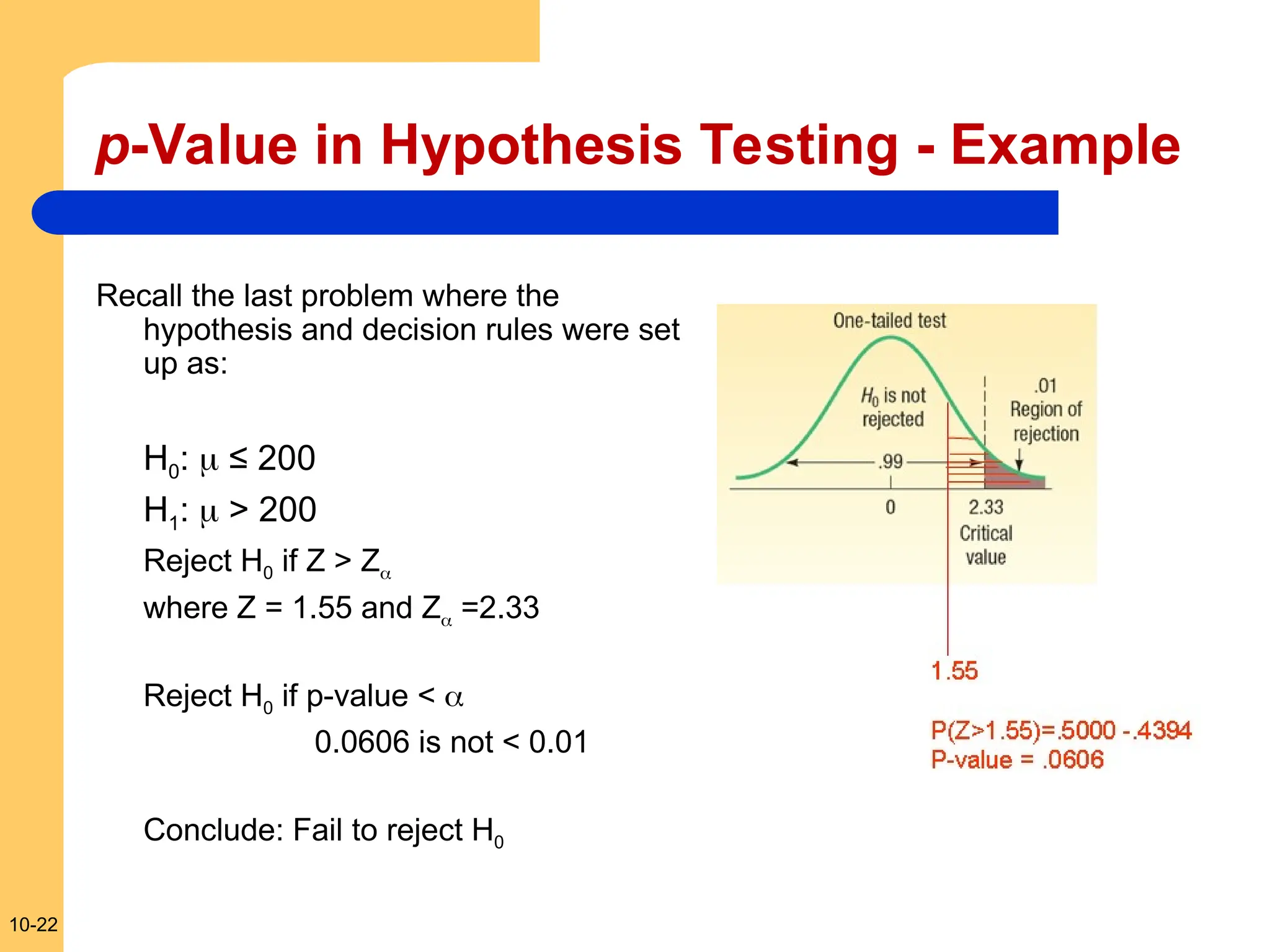 10-22
p-Value in Hypothesis Testing - Example
Recall the last problem where the
hypothesis and decision rules were set
up as:
H0:  ≤ 200
H1:  > 200
Reject H0 if Z > Z
where Z = 1.55 and Z =2.33
Reject H0 if p-value < 
0.0606 is not < 0.01
Conclude: Fail to reject H0
 