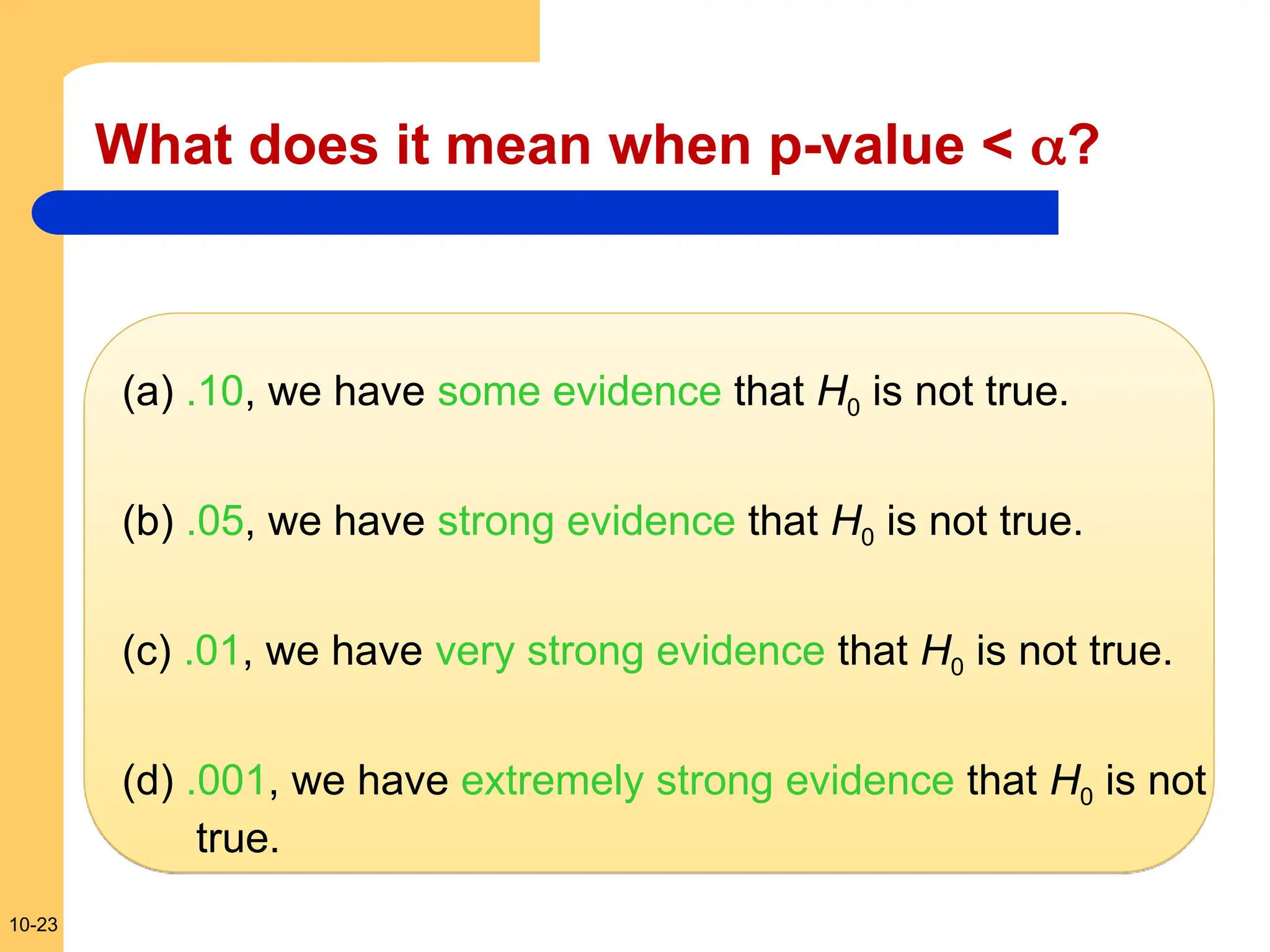 10-23
What does it mean when p-value < ?
(a) .10, we have some evidence that H0 is not true.
(b) .05, we have strong evidence that H0 is not true.
(c) .01, we have very strong evidence that H0 is not true.
(d) .001, we have extremely strong evidence that H0 is not
true.
 