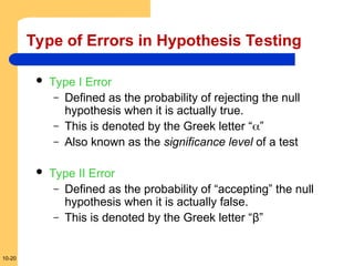 chapter- 10 One-Sample Tests of Hypothesis | PPT