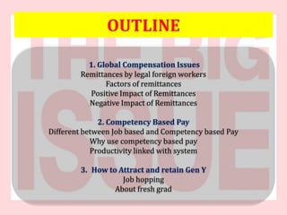 OUTLINE
1. Global Compensation Issues
Remittances by legal foreign workers
Factors of remittances
Positive Impact of Remittances
Negative Impact of Remittances

2. Competency Based Pay
Different between Job based and Competency based Pay
Why use competency based pay
Productivity linked with system
3. How to Attract and retain Gen Y
Job hopping
About fresh grad

 
