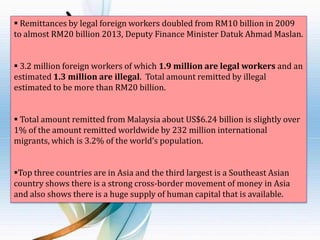  Remittances by legal foreign workers doubled from RM10 billion in 2009
to almost RM20 billion 2013, Deputy Finance Minister Datuk Ahmad Maslan.
 3.2 million foreign workers of which 1.9 million are legal workers and an
estimated 1.3 million are illegal. Total amount remitted by illegal
estimated to be more than RM20 billion.
 Total amount remitted from Malaysia about US$6.24 billion is slightly over
1% of the amount remitted worldwide by 232 million international
migrants, which is 3.2% of the world’s population.
Top three countries are in Asia and the third largest is a Southeast Asian
country shows there is a strong cross-border movement of money in Asia
and also shows there is a huge supply of human capital that is available.

 