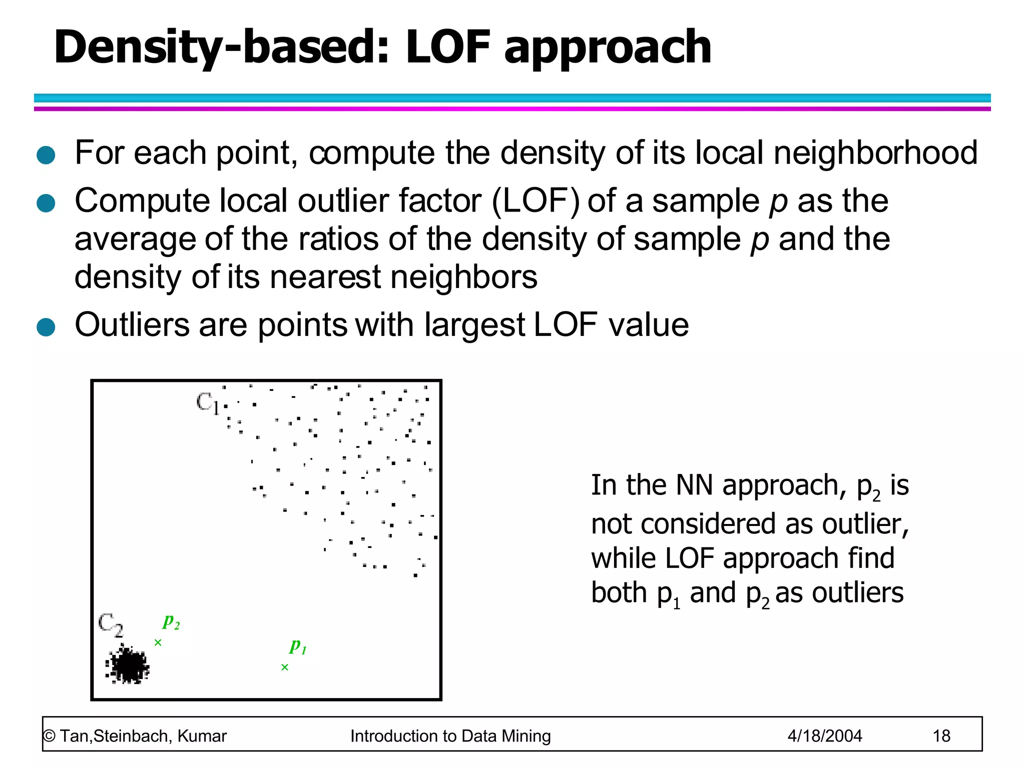 Density-based: LOF approach For each point, compute the density of its local neighborhood Compute local outlier factor (LOF) of a sample  p  as the average of the ratios of the density of sample  p  and the density of its nearest neighbors Outliers are points with largest LOF value In the NN approach, p 2  is not considered as outlier, while LOF approach find both p 1  and p 2  as outliers p 2  p 1  