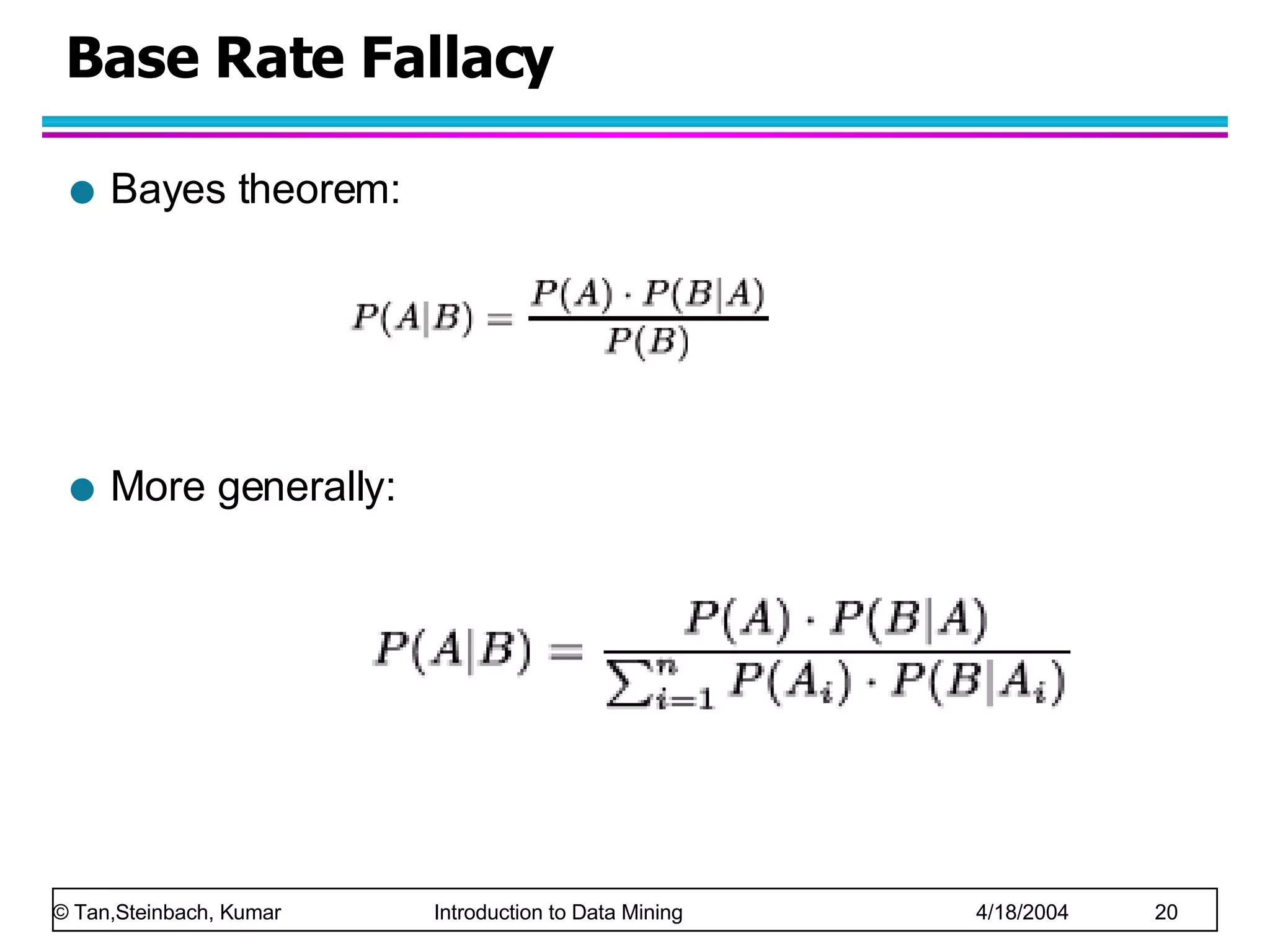 Base Rate Fallacy Bayes theorem: More generally: 
