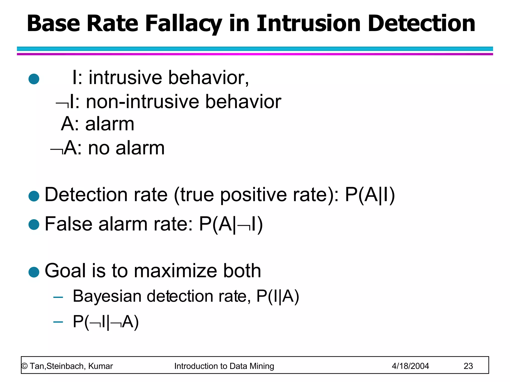 Base Rate Fallacy in Intrusion Detection I: intrusive behavior,     I: non-intrusive behavior   A: alarm    A: no alarm Detection rate (true positive rate): P(A|I) False alarm rate: P(A|  I) Goal is to maximize both Bayesian detection rate, P(I|A)  P(  I|  A)  