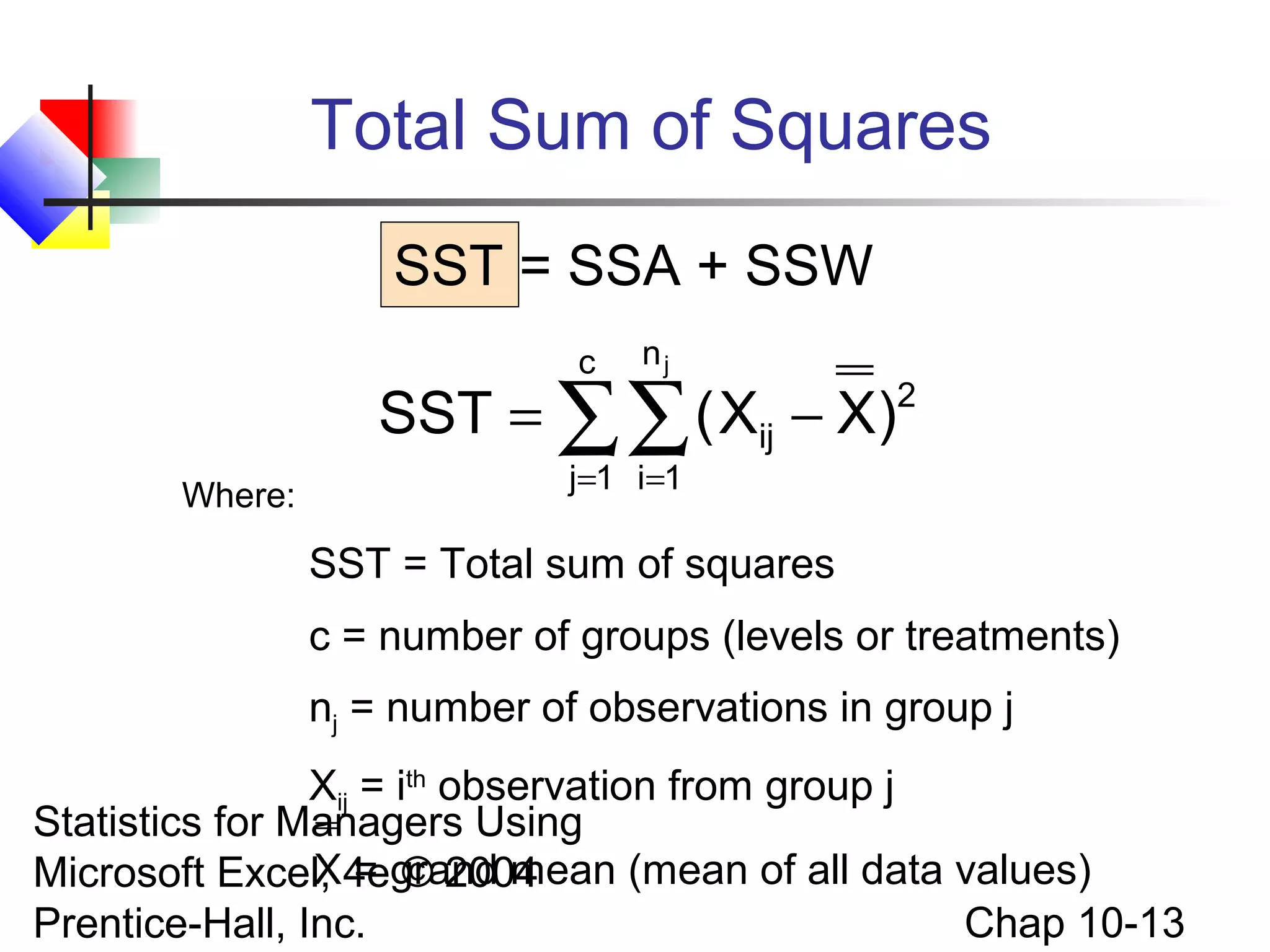 Total Sum of Squares
SST = SSA + SSW
c

nj

SST = ∑∑ ( Xij − X)
Where:

2

j=1 i =1

SST = Total sum of squares
c = number of groups (levels or treatments)
nj = number of observations in group j
Xij = ith observation from group j
Statistics for Managers Using
X = © 2004
Microsoft Excel, 4egrand mean (mean of all data values)
Chap 10-13
Prentice-Hall, Inc.

 
