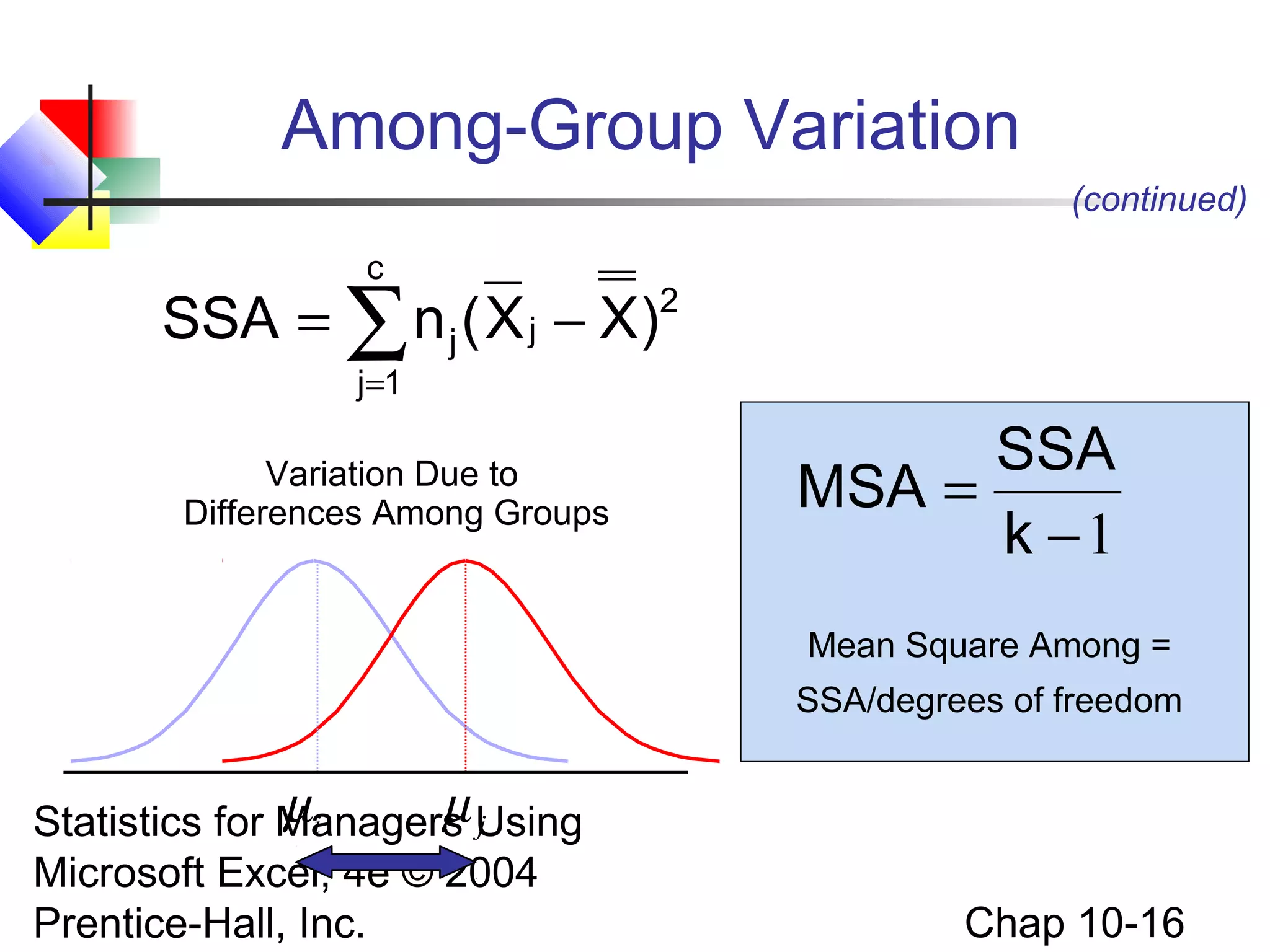 Among-Group Variation
(continued)
c

SSA = ∑ n j ( X j − X)2
j =1

Variation Due to
Differences Among Groups

SSA
MSA =
k −1
Mean Square Among =
SSA/degrees of freedom

µi
µj
Statistics for Managers Using
Microsoft Excel, 4e © 2004
Prentice-Hall, Inc.

Chap 10-16

 
