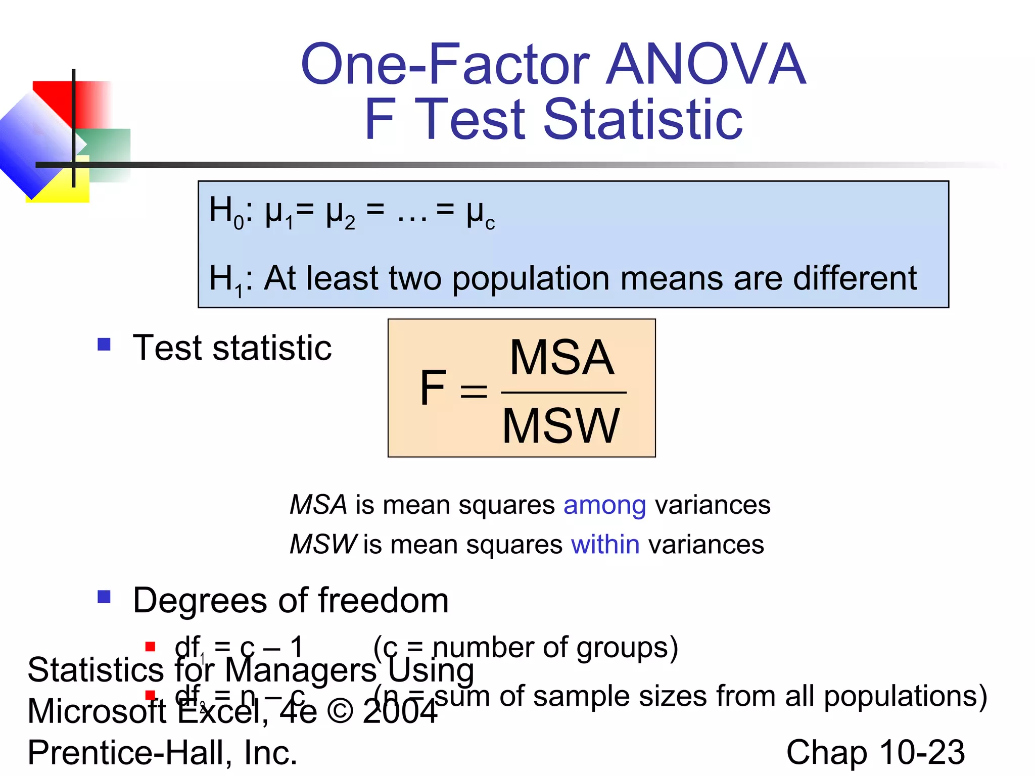 One-Factor ANOVA
F Test Statistic
H0: μ1= μ2 = … = μc
H1: At least two population means are different


Test statistic

MSA
F=
MSW

MSA is mean squares among variances
MSW is mean squares within variances


Degrees of freedom


df1 = c – 1

(c = number of groups)

Statistics for Managers Using

(n =
Microsoft df2 = n –4e © 2004sum of sample sizes from all populations)
Excel, c
Chap 10-23
Prentice-Hall, Inc.

 