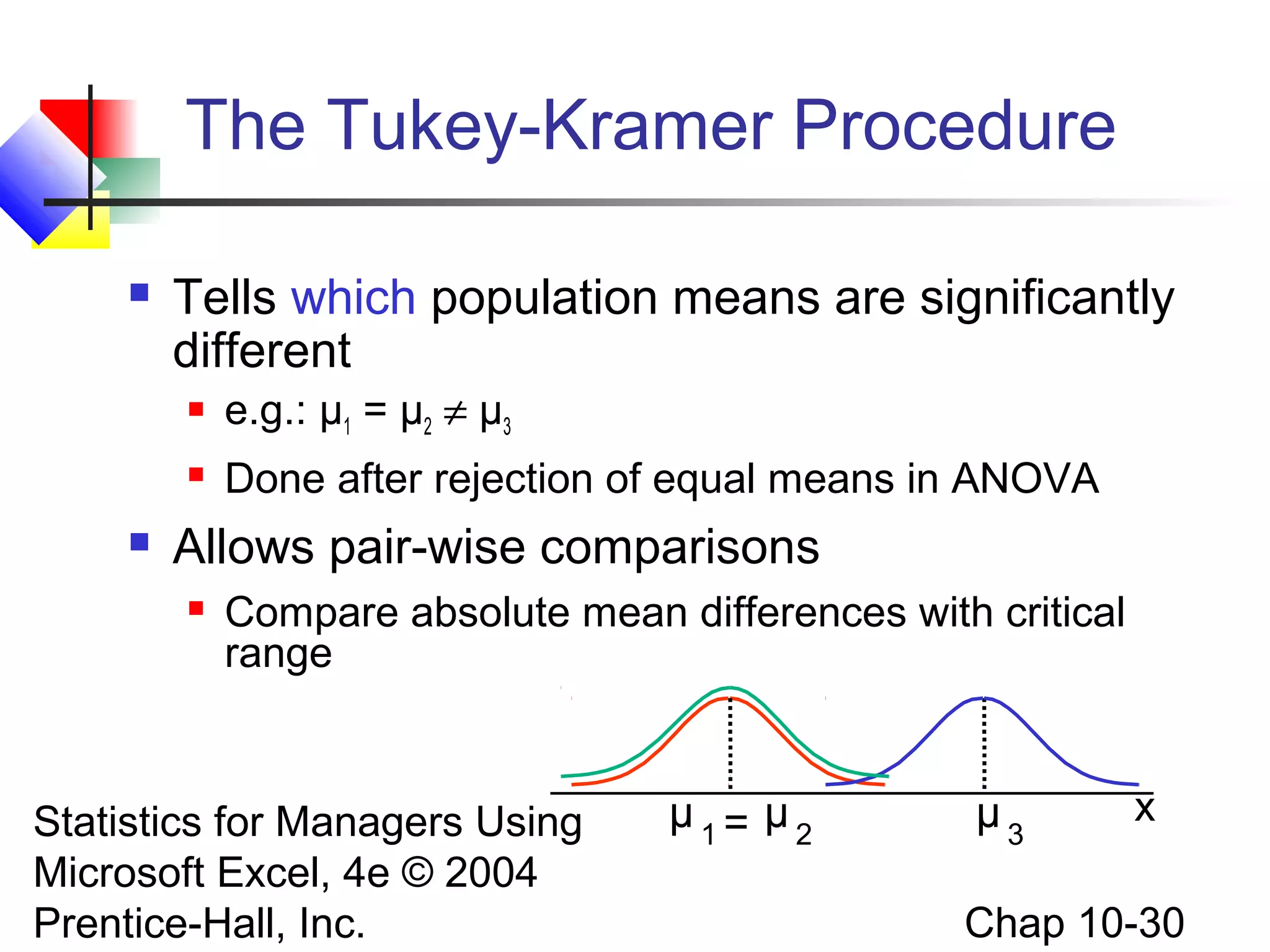The Tukey-Kramer Procedure


Tells which population means are significantly
different





e.g.: μ1 = μ2 ≠ μ3
Done after rejection of equal means in ANOVA

Allows pair-wise comparisons


Compare absolute mean differences with critical
range

Statistics for Managers Using
Microsoft Excel, 4e © 2004
Prentice-Hall, Inc.

μ1= μ2

μ3

x

Chap 10-30

 