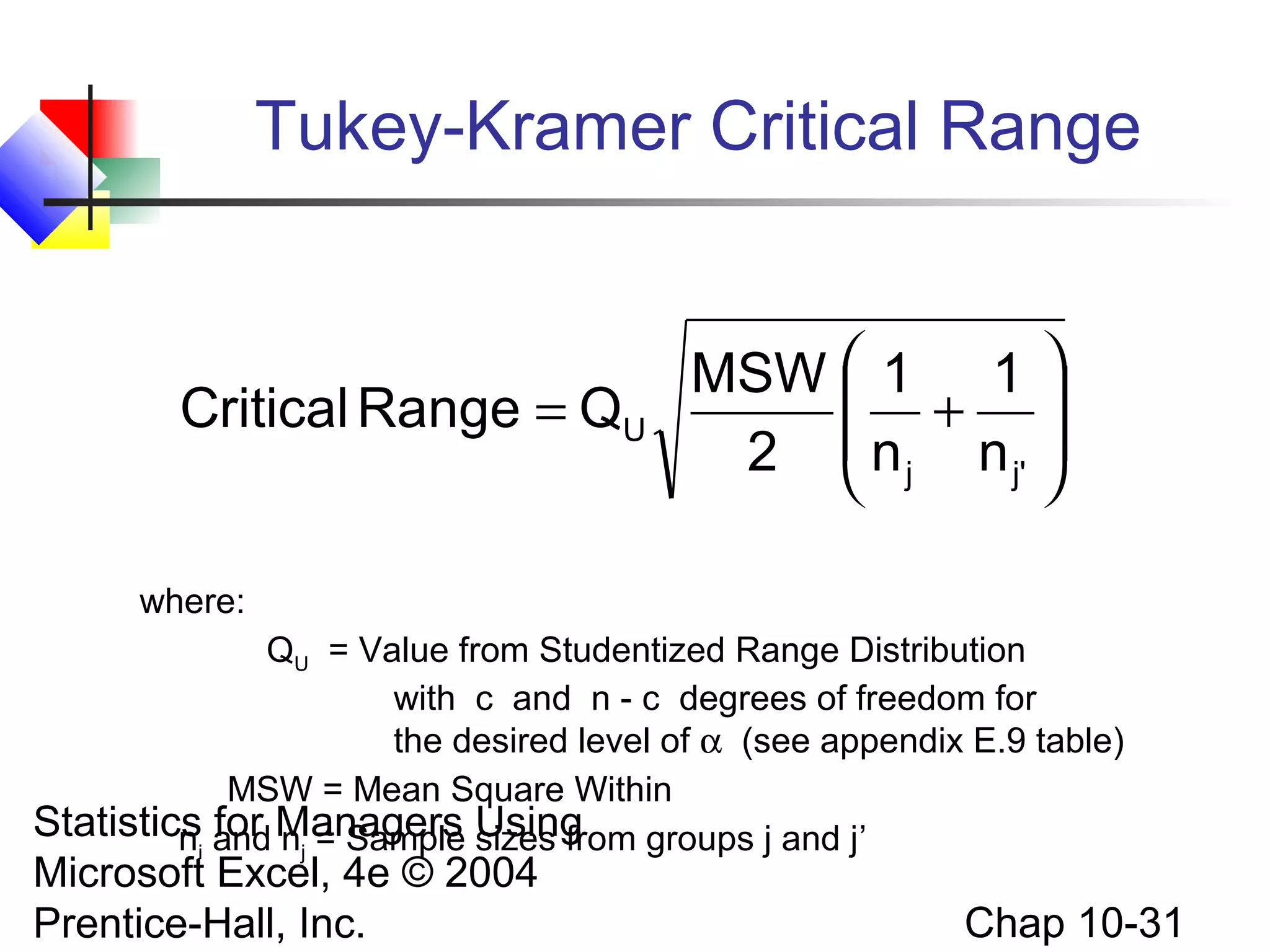 Tukey-Kramer Critical Range

Critical Range = QU

MSW  1 1 
 + 
2  n j n j' 



where:
QU = Value from Studentized Range Distribution
with c and n - c degrees of freedom for
the desired level of α (see appendix E.9 table)
MSW = Mean Square Within
Statistics and Managers Using groups j and j’
ni for nj = Sample sizes from

Microsoft Excel, 4e © 2004
Prentice-Hall, Inc.

Chap 10-31

 