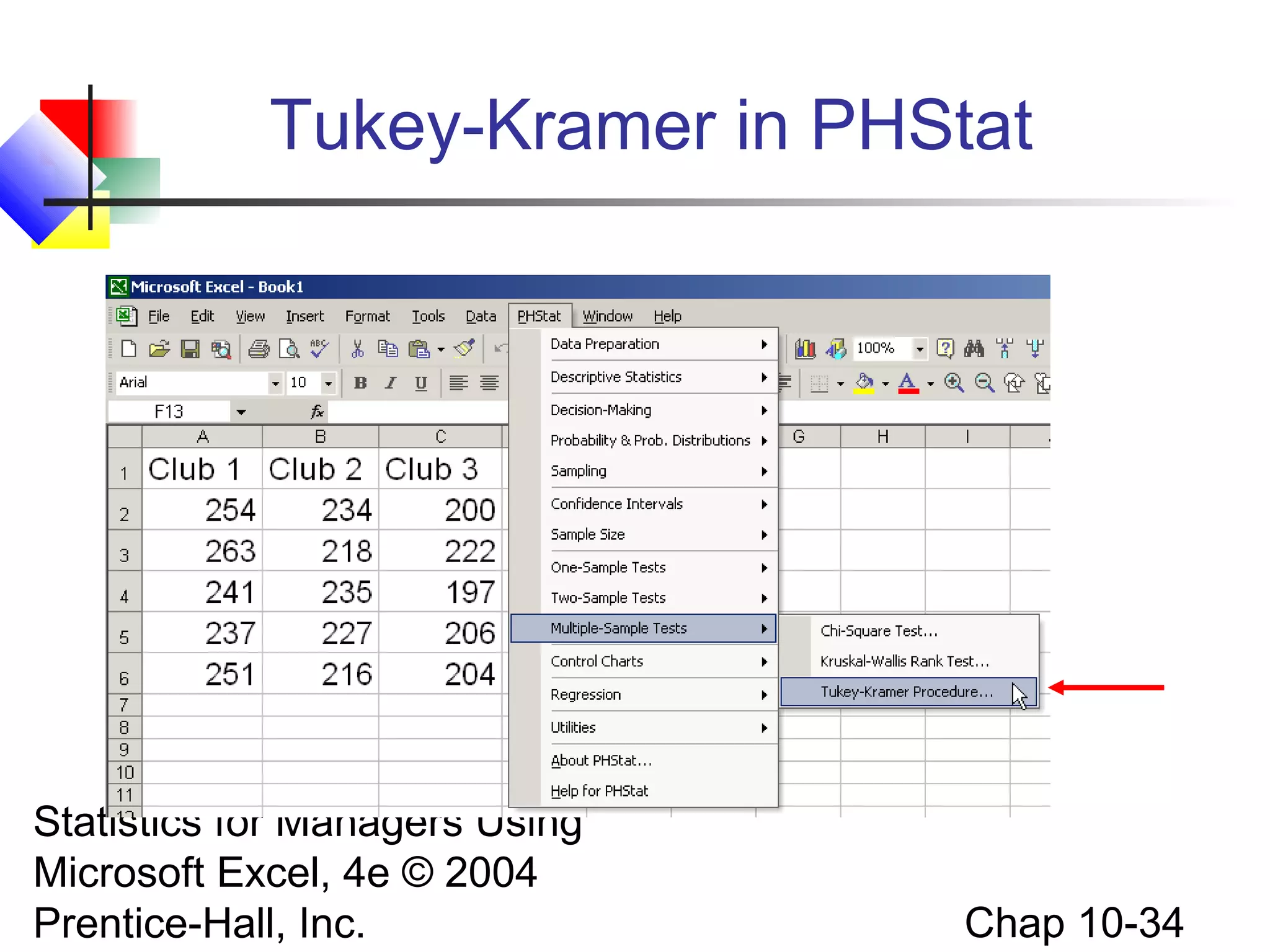Tukey-Kramer in PHStat

Statistics for Managers Using
Microsoft Excel, 4e © 2004
Prentice-Hall, Inc.

Chap 10-34

 