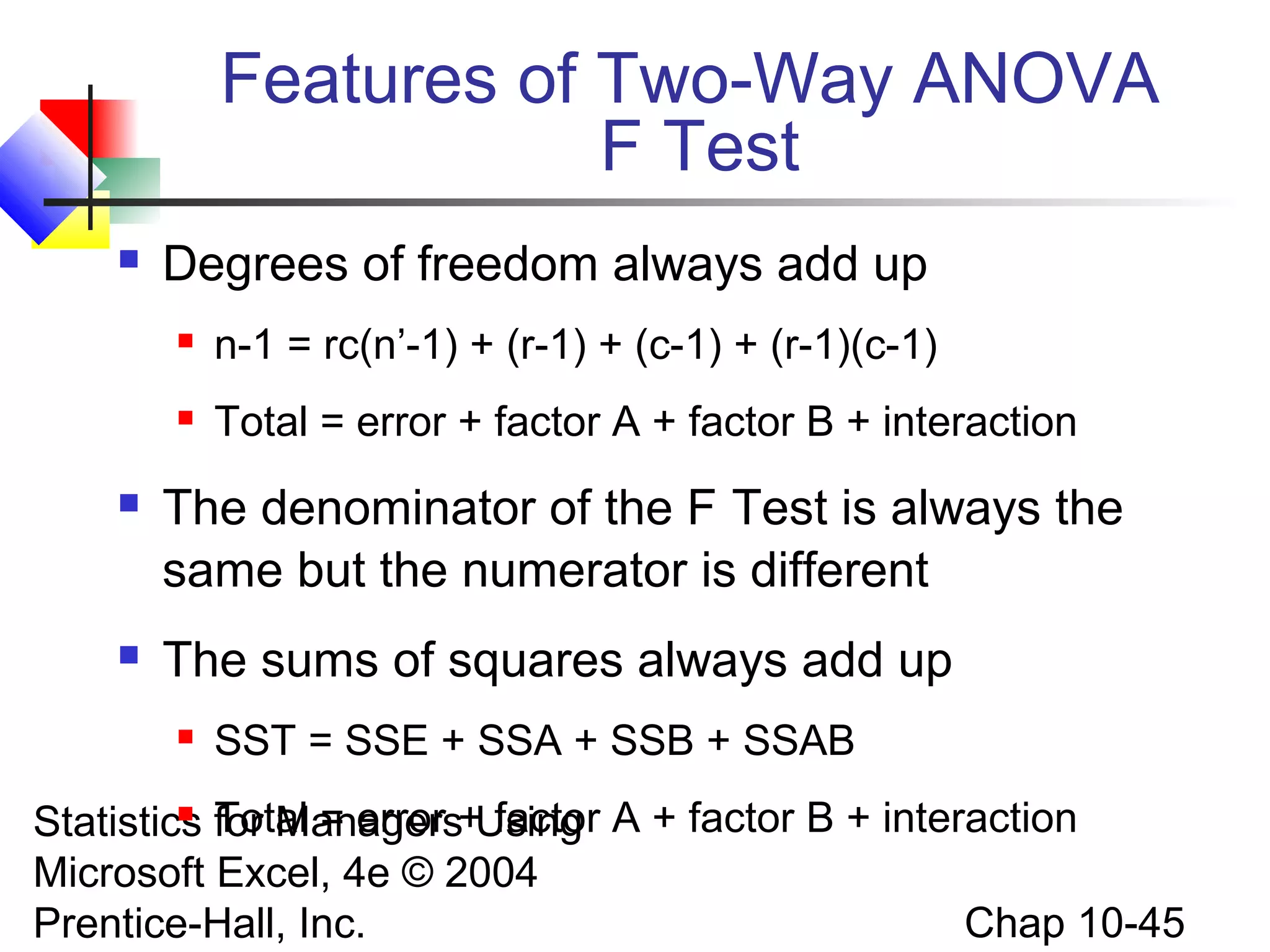 Features of Two-Way ANOVA
F Test


Degrees of freedom always add up


n-1 = rc(n’-1) + (r-1) + (c-1) + (r-1)(c-1)



Total = error + factor A + factor B + interaction



The denominator of the F Test is always the
same but the numerator is different



The sums of squares always add up


SST = SSE + SSA + SSB + SSAB

 Total = error
factor
Statistics for Managers+Using A + factor B + interaction
Microsoft Excel, 4e © 2004
Chap 10-45
Prentice-Hall, Inc.

 