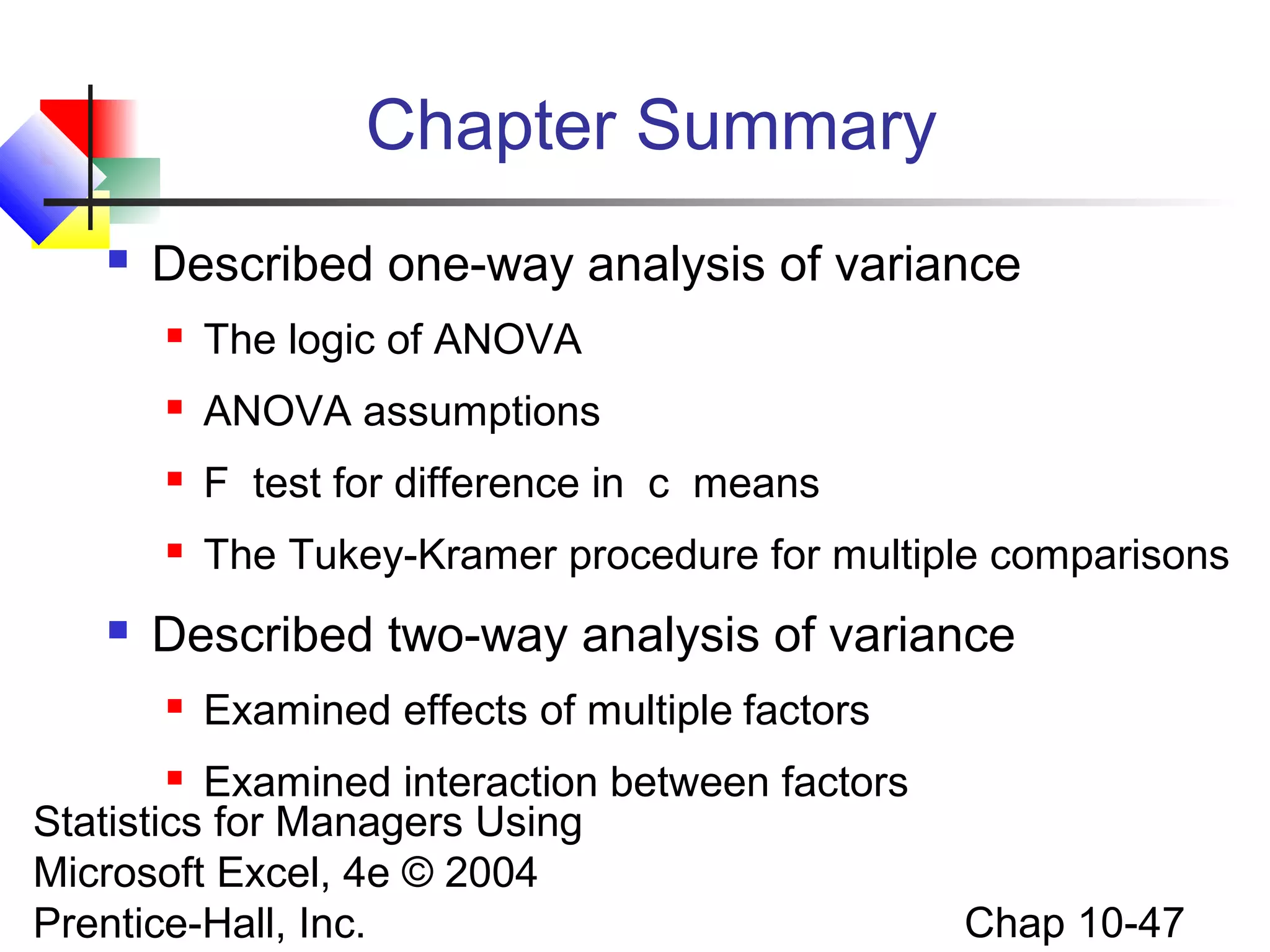 Chapter Summary


Described one-way analysis of variance



ANOVA assumptions



F test for difference in c means





The logic of ANOVA

The Tukey-Kramer procedure for multiple comparisons

Described two-way analysis of variance


Examined effects of multiple factors

Examined interaction between factors
Statistics for Managers Using
Microsoft Excel, 4e © 2004
Prentice-Hall, Inc.


Chap 10-47

 