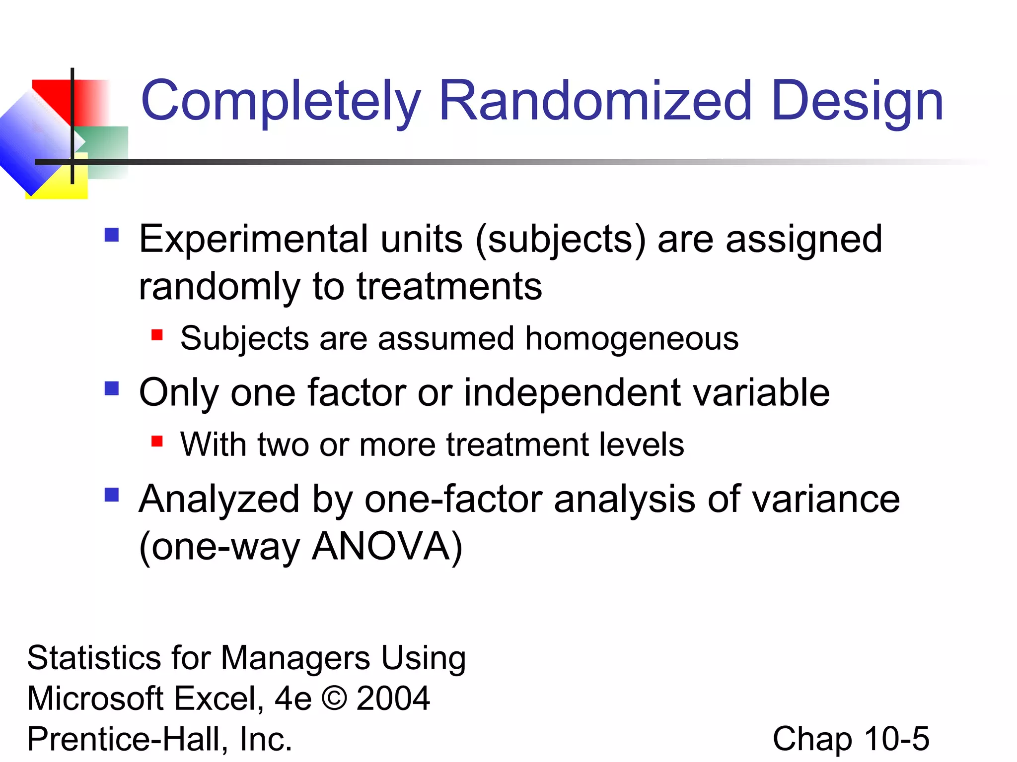 Completely Randomized Design


Experimental units (subjects) are assigned
randomly to treatments




Only one factor or independent variable




Subjects are assumed homogeneous
With two or more treatment levels

Analyzed by one-factor analysis of variance
(one-way ANOVA)

Statistics for Managers Using
Microsoft Excel, 4e © 2004
Prentice-Hall, Inc.

Chap 10-5

 