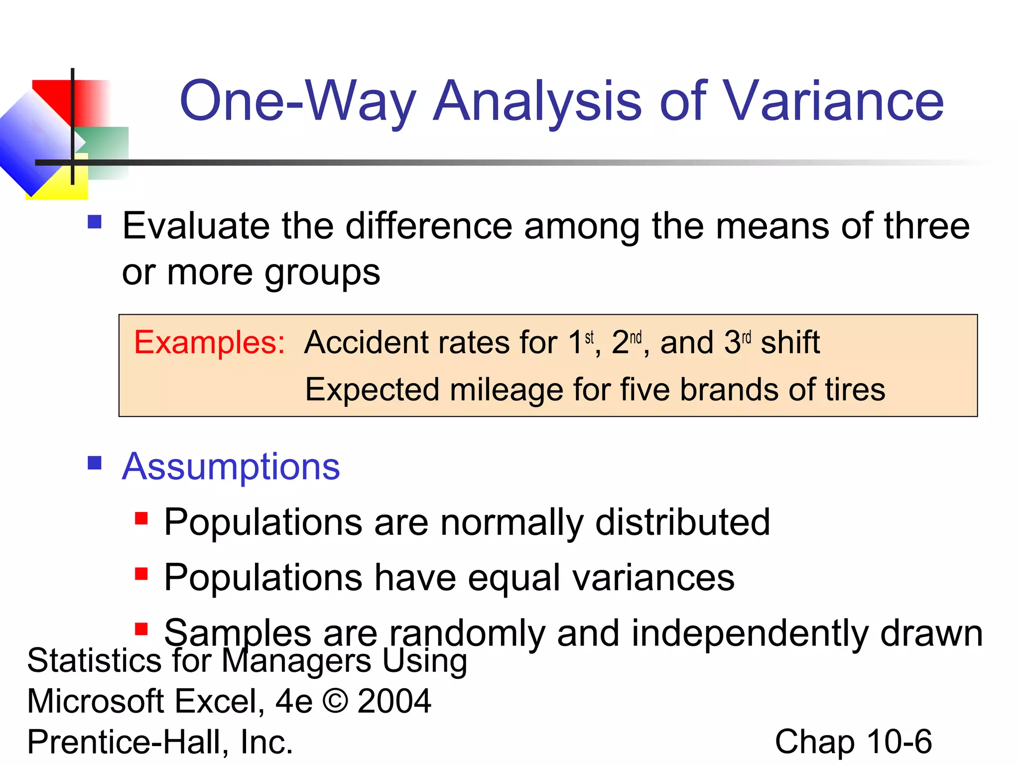 One-Way Analysis of Variance


Evaluate the difference among the means of three
or more groups
Examples: Accident rates for 1st, 2nd, and 3rd shift
Expected mileage for five brands of tires



Assumptions
 Populations are normally distributed
 Populations have equal variances
 Samples are randomly and independently drawn

Statistics for Managers Using
Microsoft Excel, 4e © 2004
Prentice-Hall, Inc.

Chap 10-6

 
