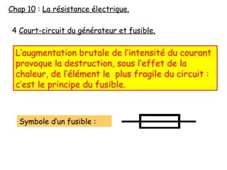 Chap 10 : La résistance électrique.
4 Court-circuit du générateur et fusible.
L’augmentation brutale de l’intensité du courant
provoque la destruction, sous l’effet de la
chaleur, de l’élément le plus fragile du circuit :
c’est le principe du fusible.
Symbole d’un fusible :
 