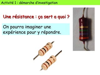 Une résistance : ça sert a quoi ?Une résistance : ça sert a quoi ?
Activité 1 : démarche d’investigation
On pourra imaginer une
expérience pour y répondre.
 