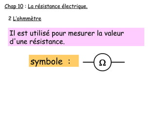 Il est utilisé pour mesurer la valeur
d'une résistance.
2 L’ohmmètre
Chap 10 : La résistance électrique.
symbole : Ω
 