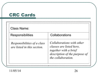 CRC Cards 
Class Name: 
Responsibilities Collaborations 
Responsibilities of a class 
are listed in this section. 
Collaborations with other 
classes are listed here, 
together with a brief 
description of the purpose of 
the collaboration. 
11/05/14 26 
 