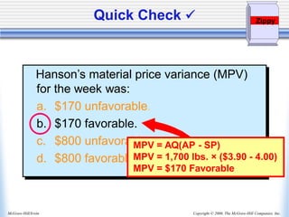 Copyright © 2006, The McGraw-Hill Companies, Inc.
McGraw-Hill/Irwin
Hanson’s material price variance (MPV)
for the week was:
a. $170 unfavorable.
b. $170 favorable.
c. $800 unfavorable.
d. $800 favorable.
MPV = AQ(AP - SP)
MPV = 1,700 lbs. × ($3.90 - 4.00)
MPV = $170 Favorable
Quick Check ✓ Zippy
 