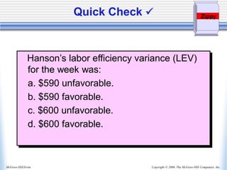 Copyright © 2006, The McGraw-Hill Companies, Inc.
McGraw-Hill/Irwin
Hanson’s labor efficiency variance (LEV)
for the week was:
a. $590 unfavorable.
b. $590 favorable.
c. $600 unfavorable.
d. $600 favorable.
Quick Check ✓ Zippy
 