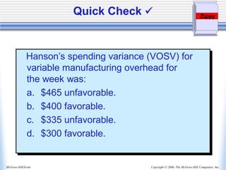 Copyright © 2006, The McGraw-Hill Companies, Inc.
McGraw-Hill/Irwin
Hanson’s spending variance (VOSV) for
variable manufacturing overhead for
the week was:
a. $465 unfavorable.
b. $400 favorable.
c. $335 unfavorable.
d. $300 favorable.
Quick Check ✓ Zippy
 