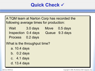Copyright © 2006, The McGraw-Hill Companies, Inc.
McGraw-Hill/Irwin
Quick Check ✓
A TQM team at Narton Corp has recorded the
following average times for production:
Wait 3.0 days Move 0.5 days
Inspection 0.4 days Queue 9.3 days
Process 0.2 days
What is the throughput time?
a. 10.4 days
b. 0.2 days
c. 4.1 days
d. 13.4 days
 