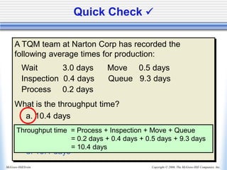 Copyright © 2006, The McGraw-Hill Companies, Inc.
McGraw-Hill/Irwin
A TQM team at Narton Corp has recorded the
following average times for production:
Wait 3.0 days Move 0.5 days
Inspection 0.4 days Queue 9.3 days
Process 0.2 days
What is the throughput time?
a. 10.4 days
b. 0.2 days
c. 4.1 days
d. 13.4 days
Quick Check ✓
Throughput time = Process + Inspection + Move + Queue
= 0.2 days + 0.4 days + 0.5 days + 9.3 days
= 10.4 days
 