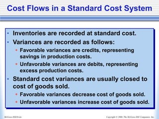 Copyright © 2006, The McGraw-Hill Companies, Inc.
McGraw-Hill/Irwin
Cost Flows in a Standard Cost System
• Inventories are recorded at standard cost.
• Variances are recorded as follows:
 Favorable variances are credits, representing
savings in production costs.
 Unfavorable variances are debits, representing
excess production costs.
• Standard cost variances are usually closed to
cost of goods sold.
 Favorable variances decrease cost of goods sold.
 Unfavorable variances increase cost of goods sold.
 