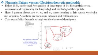 ❖ Numeric Pattern vectors (Decision-theoretic methods):
• Fisher 1936, performed Recognition of three types of Iris flowers(Iris serosa,
versicolor and virginica by the lengths[x1] and widths[x2] of their petals.
• Here 3 pattern classes are w1, w2 and w3 corresponding to Iris setosa, versicolor
and virginica. Also there are variations between and within classes.
• Class separability depends strongly on the choice of descriptors.
 