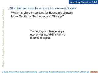 Learning  Objective  10.2 Technological change helps economies avoid diminishing returns to capital. What Determines How Fast Economies Grow? Which Is More Important for Economic Growth:  More Capital or Technological Change? 
