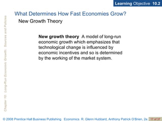 Learning  Objective  10.2 New growth theory   A model of long-run economic growth which emphasizes that technological change is influenced by economic incentives and so is determined by the working of the market system. What Determines How Fast Economies Grow? New Growth Theory 
