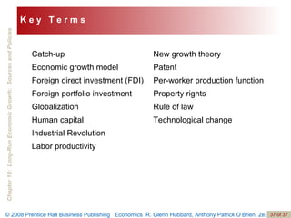 Catch-up Economic growth model Foreign direct investment (FDI) Foreign portfolio investment Globalization Human capital Industrial Revolution Labor productivity New growth theory Patent Per-worker production function Property rights Rule of law Technological change K e y  T e r m s 