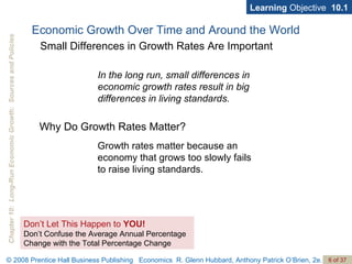 In the long run, small differences in economic growth rates result in big differences in living standards. Learning  Objective  10.1 Why Do Growth Rates Matter? Growth rates matter because an economy that grows too slowly fails to raise living standards. Don’t Let This Happen to  YOU! Don’t Confuse the Average Annual Percentage Change with the Total Percentage Change Economic Growth Over Time and Around the World Small Differences in Growth Rates Are Important 