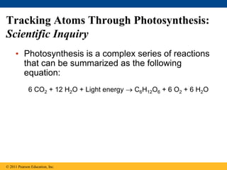 Tracking Atoms Through Photosynthesis:
Scientific Inquiry
• Photosynthesis is a complex series of reactions
that can be summarized as the following
equation:
6 CO2 + 12 H2O + Light energy  C6H12O6 + 6 O2 + 6 H2O
© 2011 Pearson Education, Inc.
 