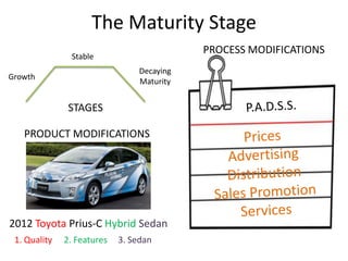 The Maturity Stage
                                            PROCESS MODIFICATIONS
               Stable
                                 Decaying
Growth
                                 Maturity


               STAGES

   PRODUCT MODIFICATIONS




2012 Toyota Prius-C Hybrid Sedan
 1. Quality   2. Features   3. Sedan
 