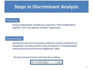 Steps in Discriminant Analysis
First Step
Choose independent variables by using either “Enter independents
together” and “Use stepwise method” respectively.
Second Step
Develop the discriminant function model by using the coefficients of
independent variables and the value of constant in “Unstandardized
canonical discriminant function coefficients” table
The discriminant function shall look like as follows
Z = a +b1X1+b2X2+ …….. + bnXn
16
 