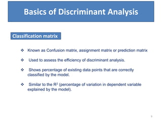 Basics of Discriminant Analysis
 Known as Confusion matrix, assignment matrix or prediction matrix
 Used to assess the efficiency of discriminant analysis.
 Shows percentage of existing data points that are correctly
classified by the model.
 Similar to the R2 (percentage of variation in dependent variable
explained by the model).
Classification matrix
9
 