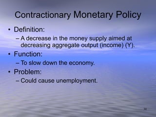 Contractionary   Monetary Policy Definition: A decrease in the money supply aimed at decreasing aggregate output (income) (Y). Function: To slow down the economy. Problem: Could cause unemployment. 