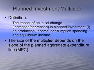Planned Investment Multiplier Definition: The impact of an initial change (increased/decreased) in planned investment (I) on production, income, consumption spending and equilibrium income. The size of the multiplier depends on the slope of the planned aggregate expenditure line (MPC). 