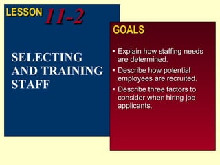 Explain how staffing needs are determined. Describe how potential employees are recruited. Describe three factors to consider when hiring job applicants. SELECTING AND TRAINING STAFF LESSON 11-2 GOALS 