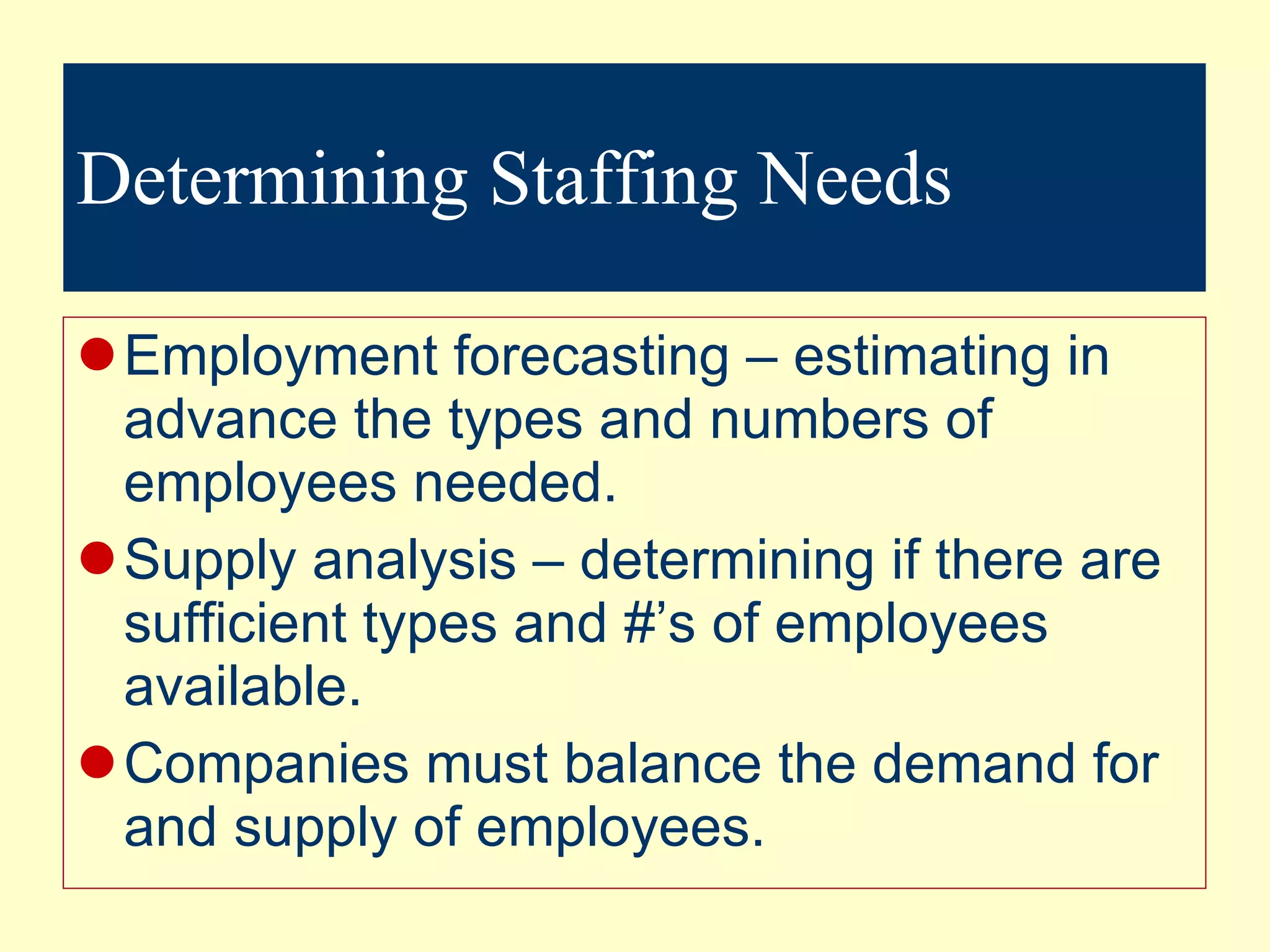 Determining Staffing Needs Employment forecasting – estimating in advance the types and numbers of employees needed. Supply analysis – determining if there are sufficient types and #’s of employees available. Companies must balance the demand for and supply of employees. 