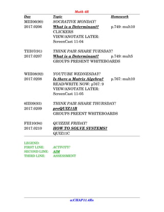 Math 4R
Day Topic Homework
MIII06(90) SOCRATIVE MONDAY!
2017.0206 What is a Determinant? p.749: mult10
CLICKERS
VIEW/ANOTATE LATER:
ScreenCast 11­04
TIII07(91) THINK PAIR SHARE TUESDAY!
2017.0207 What is a Determinant? p.749: mult5
GROUPS PRESENT WHITEBOARDS
WIII08(92) YOUTUBE WEDNESDAY!
2017.0208 Is there a Matrix Algebra? p.767: mult10
READ/WRITE NOW: p767: 9
VIEW/ANOTATE LATER:
ScreenCast 11­05
III09(93) THINK PAIR SHARE THURSDAY!
2017.0209 preQUIZ11B
GROUPS PREENT WHITEBOARDS
FIII10(94) QUIZZIE FRIDAY!
2017.0210 HOW TO SOLVE SYSTEMS?
QUIZ11C
LEGEND:
FIRST LINE:  ACTIVITY!
SECOND LINE:  AIM
THIRD LINE:  ASSESSMENT
a:CHAP11.4Rs
 