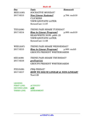 Math 4R
Day Topic Homework
MIII11(95) SOCRATIVE MONDAY!
2017.0213 Non Linear Systems? p.784: mult10
CLICKERS
VIEW/ANOTATE LATER:
ScreenCast 11­07
TIII12(96) THINK PAIR SHARE TUESDAY!
2017.0214 How to Linear Program? p.800: mult10
READ/WRITE NOW: p800: 23
VIEW/ANOTATE LATER:
ScreenCast 11­08
WIII13(97) THINK PAIR SHARE WEDNESDAY!
2017.0215 How to Linear Program? p.800: mult5
GROUPS PRESENT WHITEBOARDS
III14(98) THINK PAIR SHARE THURSDAY!
2017.0216 preTest11A
GROUPS PRESENT WHITEBOARDS
FIII15(99) FRQ FRIDAY!
2017.0217 HOW TO SOLVE LINEAR & NON­LINEAR?
Test11B
LEGEND:
FIRST LINE:  ACTIVITY!
SECOND LINE:  AIM
THIRD LINE:  ASSESSMENT
a:CHAP11.4Rs
 