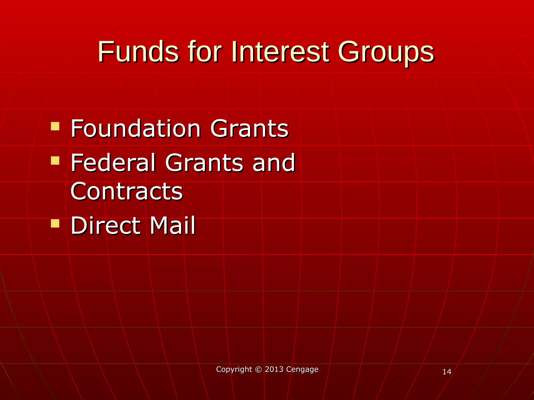 1414
Funds for Interest GroupsFunds for Interest Groups
 Foundation GrantsFoundation Grants
 Federal Grants andFederal Grants and
ContractsContracts
 Direct MailDirect Mail
Copyright © 2013 CengageCopyright © 2013 Cengage
 